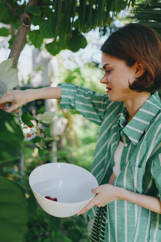 A woman harvests berries in a lush garden, reaching for a cluster while holding a white bowl. Soft sunlight mingles with green leaves, creating a calm, natural mood.