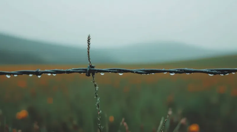 Крупный план колючей проволоки с каплями росы на фоне туманного поля, усеянного оранжевыми цветами, вызывающий чувство умиротворения и единения с природой, идеально подходит для сезонных тем