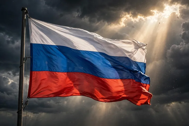 Российский флаг развевается на фоне грозовых облаков с лучами солнца