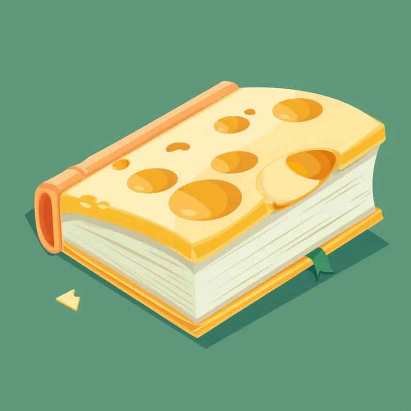 Иллюстрация причудливой сырной книги, демонстрирующая забавную, творческую концепцию, идеально подходящую для любителей еды и кулинарных проектов в яркой цветовой палитре