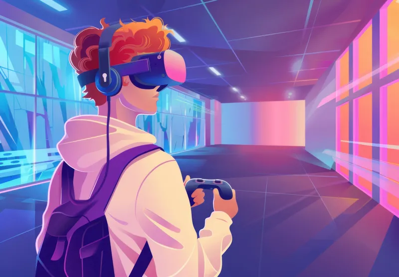 Молодой человек в VR-шлеме с игровым контроллером в руках в окружении яркого синего и розового освещения