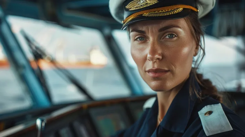 Решительная женщина в капитанской фуражке и форме стоит у штурвала корабля с безмятежным видом на океан