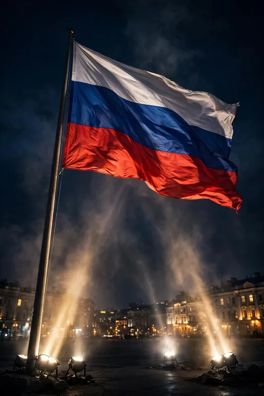Российский флаг развевается над ночной набережной в лучах прожекторов