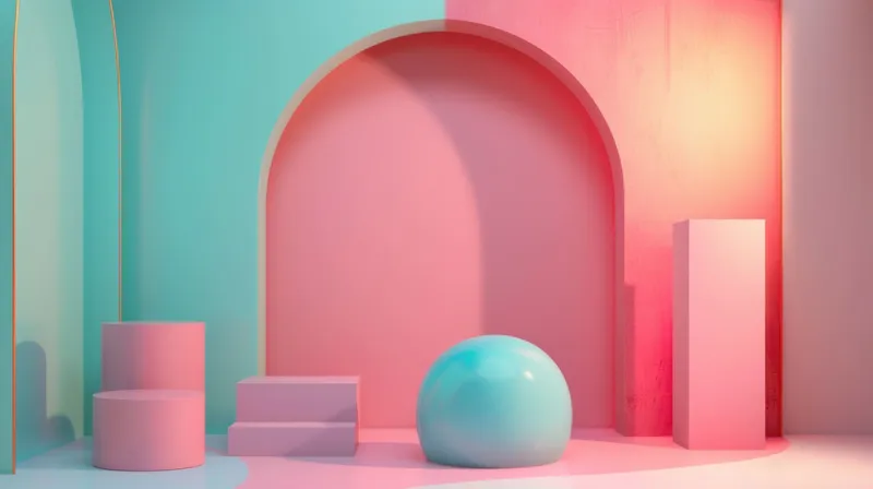 Пастельная розово-голубая 3D-визуализация уютной комнаты с яйцом на переднем плане