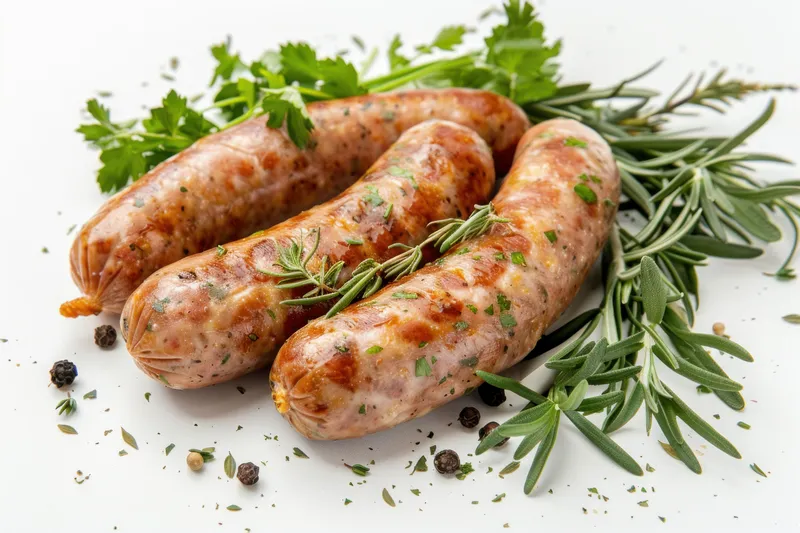 Три пикантные сосиски, украшенные свежей зеленью, такой как петрушка и розмарин, выставленные на чистой белой поверхности