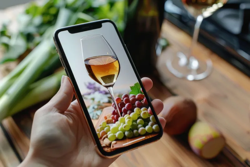 Человек держит iPhone, на столе стоят бокал вина и виноград в элегантной обстановке с мягким освещением