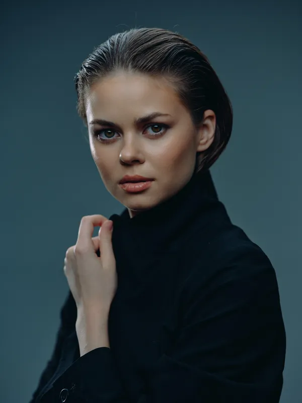 serious woman with slicked-back hair wearing black jacket on dark background, stylish and elegant expression