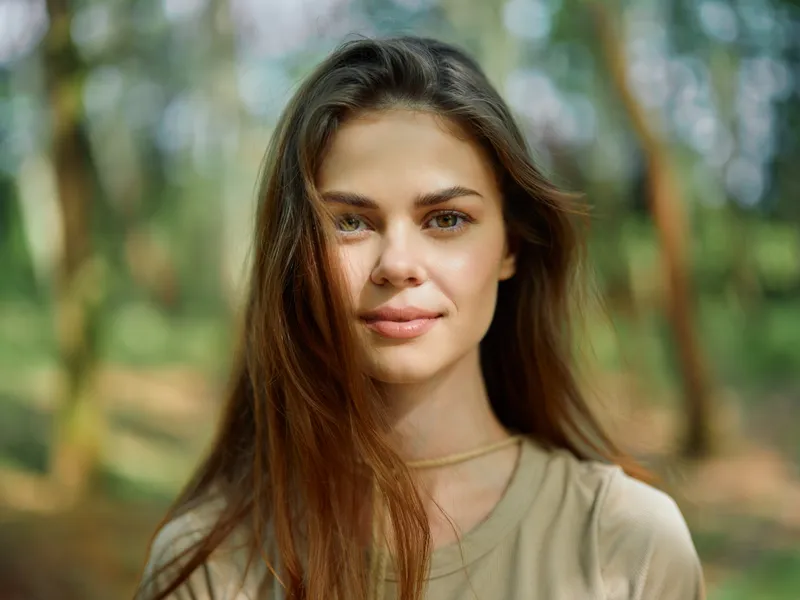 woman portrait outdoors nature forest smile young brunette with loose hair and soft natural sunlight, closeup headshot capturing warm expression, relaxed pose and shallow bokeh background for