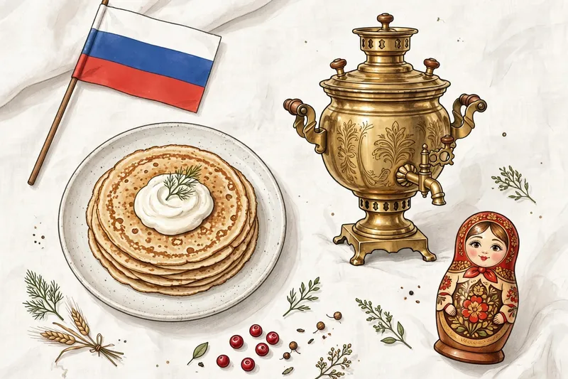 Иллюстрация с блинами, самоваром, матрёшкой и флагом России