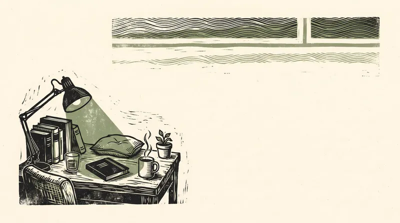 Минималистичный баннер в технике линогравюры с изображением книг, лампы и спокойных предметов на столе для тем, связанных с благополучием студентов