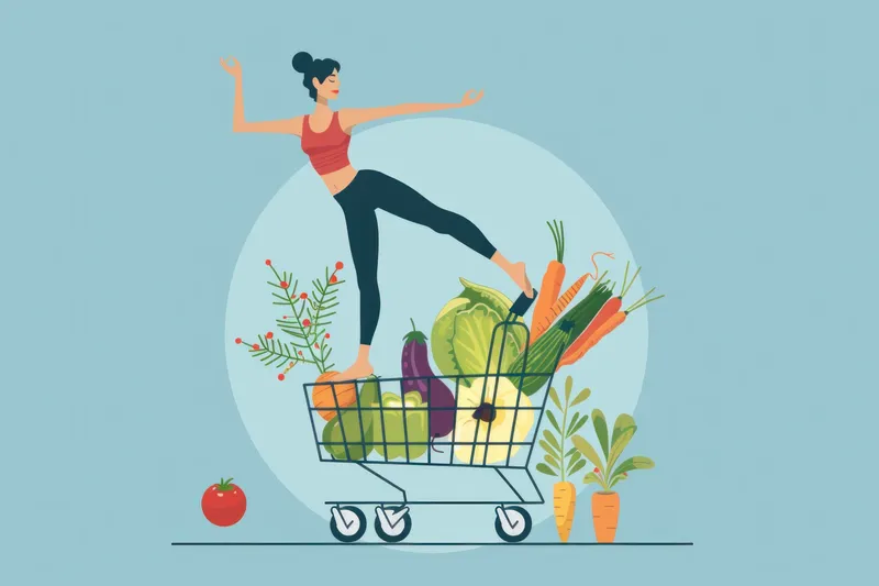 Женщина, стоящая на продуктовой тележке, полной овощей и фруктов, на яркой сцене фермерского рынка