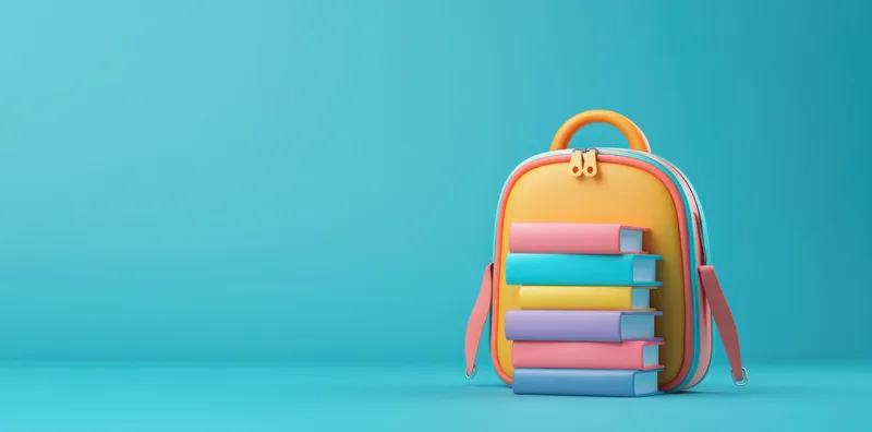 Яркий желтый рюкзак с разноцветными книгами, сложенными стопкой перед ним, на ярком бирюзовом фоне, символизирующий концепции образования, учебы и обучения