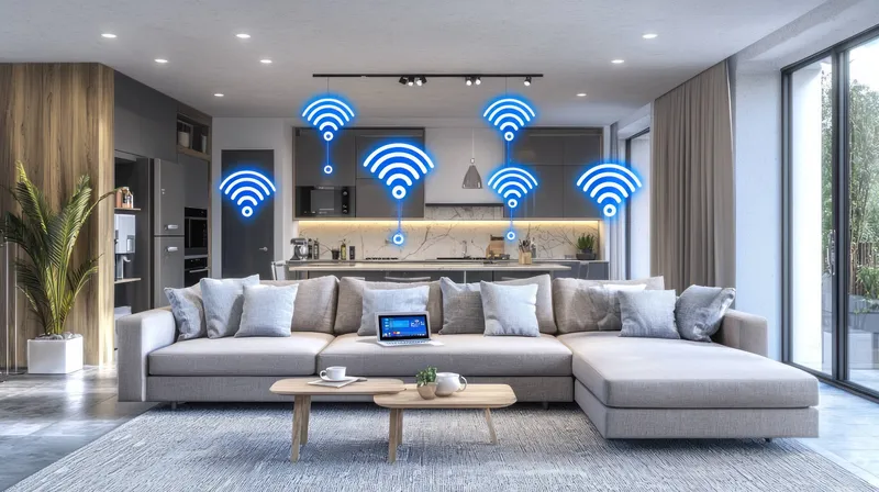 Современная гостиная с сигналами Wi-Fi, просторным диваном и элегантным декором, создающая уютную обстановку, идеально подходящую для отдыха и подключения к сети