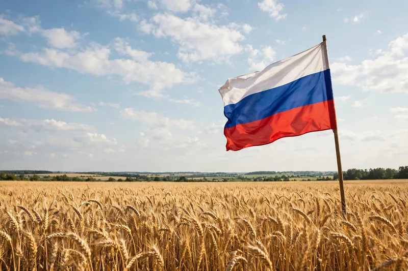Российский флаг развевается над золотым пшеничным полем