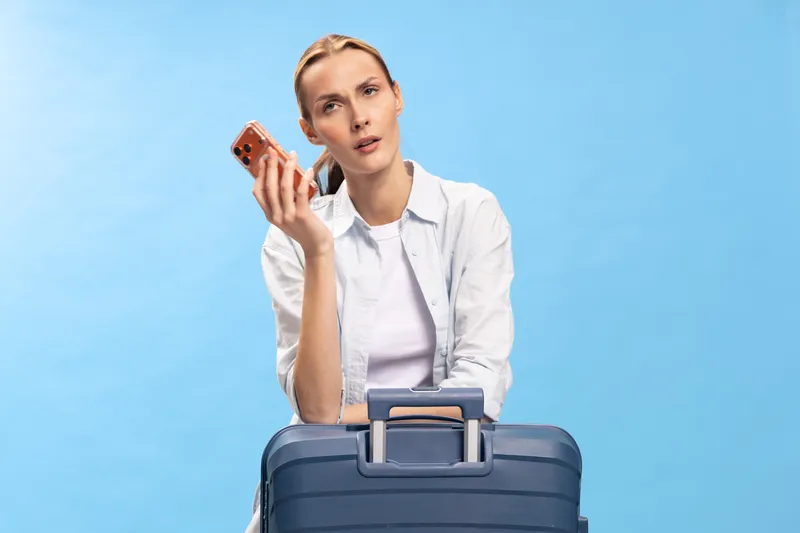 Young woman with suitcase holds phone looking worried or confused, isolated on blue background. Concept of travel problems, delays, and communication issues in airport or trip.