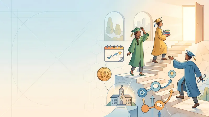Инфографическая сцена выпускного без текста: разносторонние студенты поднимаются по ступеням вех к светлому дверному проему
