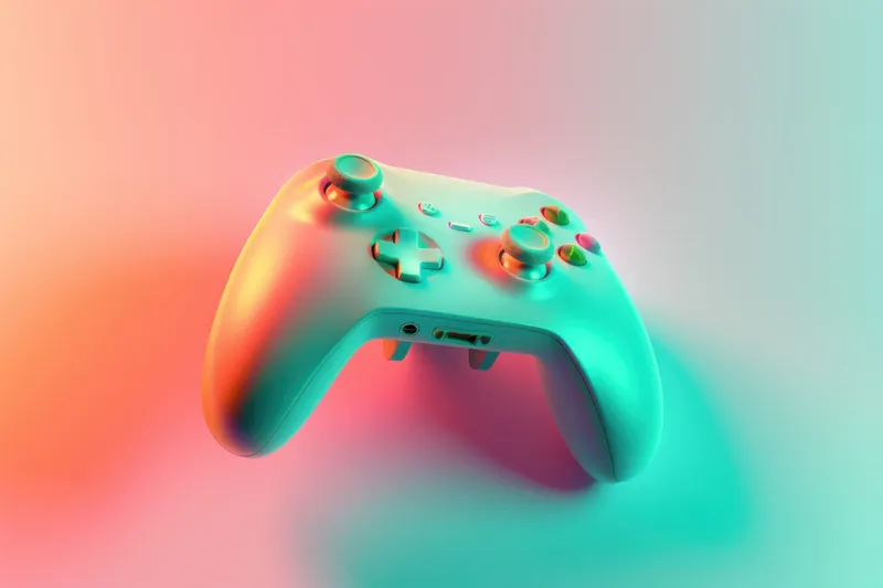 Игровой контроллер на ярком розово-голубом фоне с 3D-эффектом для концепции технологий и развлечений