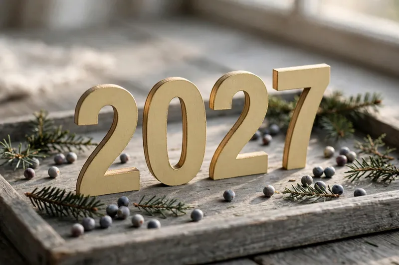Золотые цифры 2027 на деревянном подносе с еловыми ветками