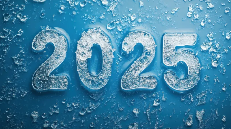 Прозрачные ледяные цифры 2025 на яркой синей поверхности, сверкающие каплями воды, олицетворяют наступление нового года, полного надежды и потенциала