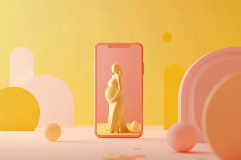 Беременная женщина, изображенная на экране iPhone, на фоне ярко-желтого фона