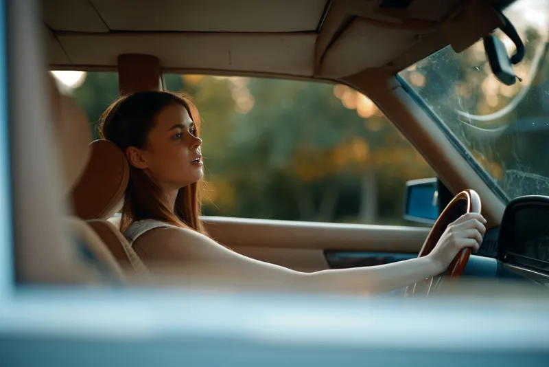 Young woman driving vintage car, wearing a white top, with a serene expression, against a warm sunset background, evoking freedom and adventure.