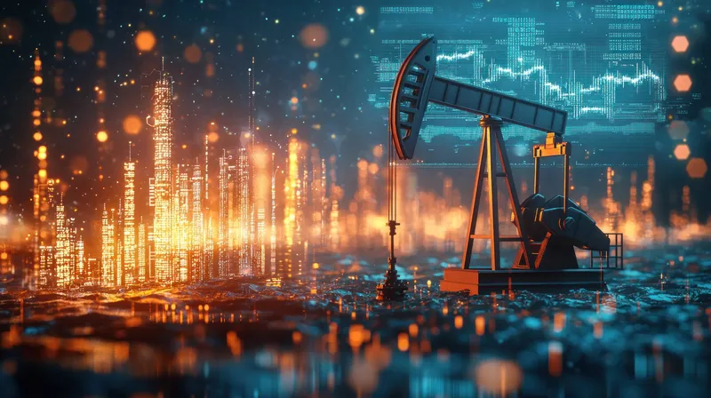 Нефтяная качалка prominently стоит на футуристическом ландшафте, наполненном яркими оранжевыми и синими огнями, что представляет пересечение энергетики и технологий в современной промышленности