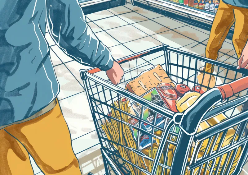 Мужчина толкает тележку для покупок в продуктовом магазине, рядом стоит женщина; они вместе выбирают полезные продукты