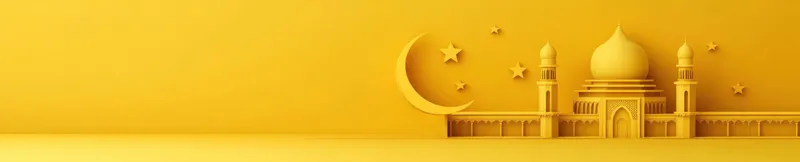 Желтая абстрактная иллюстрация с изображением мечети, звезд и полумесяца, передающая духовность, мир и умиротворение в исламской культуре и дизайне