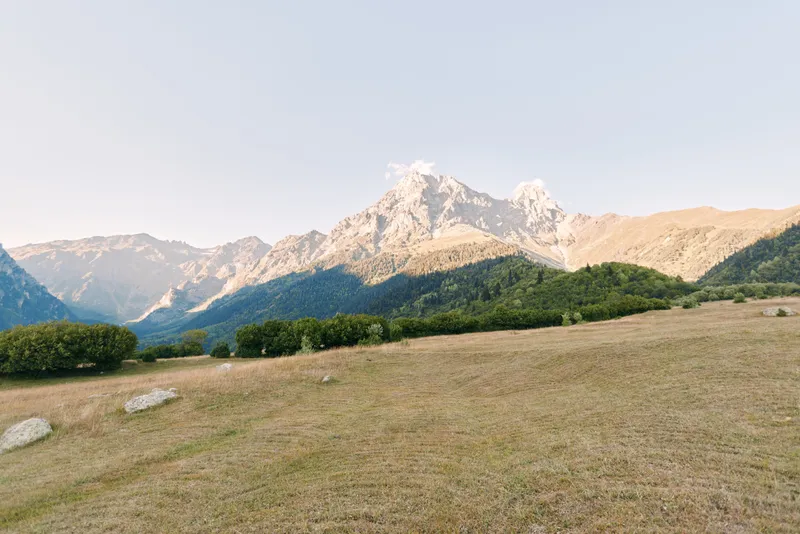 Mountain meadow field with dry grass and alpine peak in background, wide nature landscape under clear sky, sunlight on slopes and distant forested foothills creating peaceful scene.