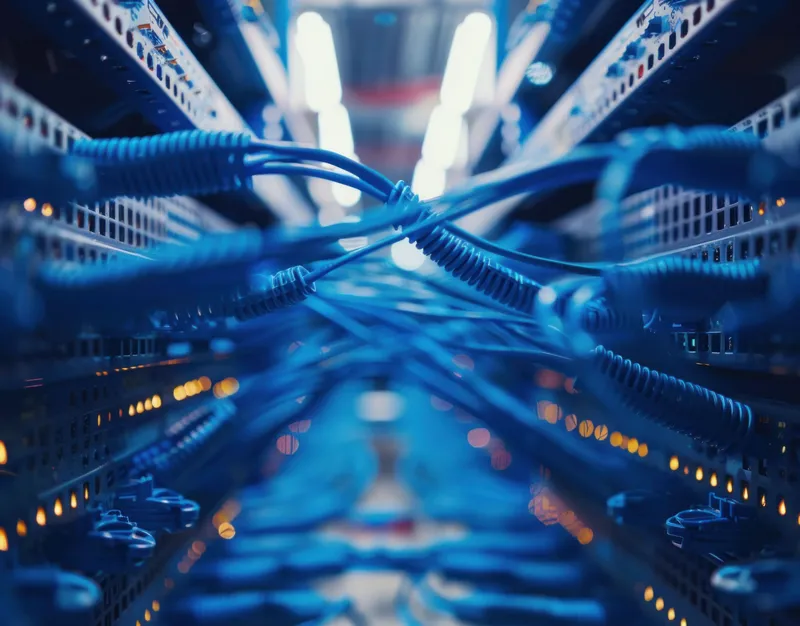 Замысловатое расположение синих Ethernet-кабелей, подключенных к серебристым стойкам в серверной, символизирующее передачу данных и современные технологии