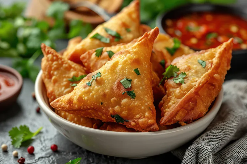 Хрустящая индийская самоса: вкусная вегетарианская закуска с начинкой из пряного горошка, подаётся на белой тарелке со свежим зелёным чатни