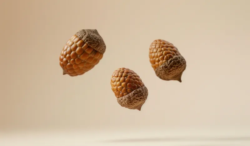 Три желудя парят в воздухе на фоне мягкого бежевого цвета, демонстрируя свою детализированную текстуру и естественные цвета