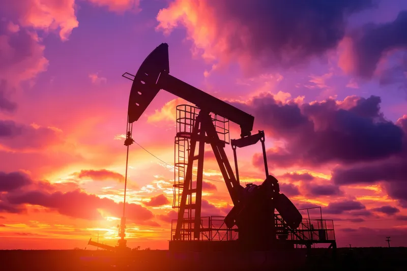 Драматическая сцена с нефтяной качалкой в виде силуэта на фоне потрясающего заката в фиолетовых, оранжевых и розовых тонах