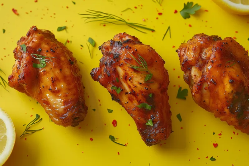 Вкусные куриные крылышки на гриле, приправленные лимоном и травами, на ярком желтом фоне