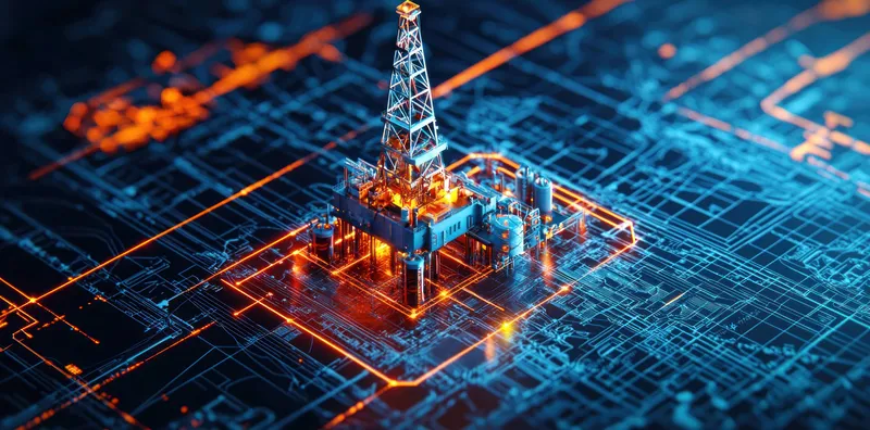 Детализированное изображение высокотехнологичной нефтяной вышки на ярком цифровом фоне, демонстрирующее слияние энергетики и инноваций