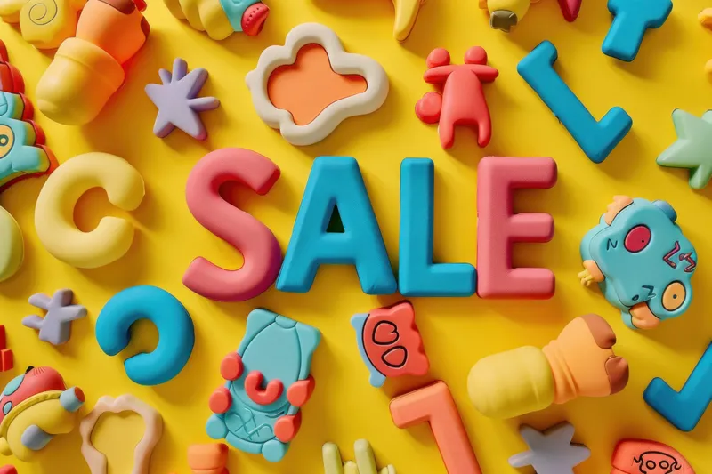 Вывеска «sale» среди разноцветных пластиковых игрушек на жёлтом фоне для детского шопинг-дня