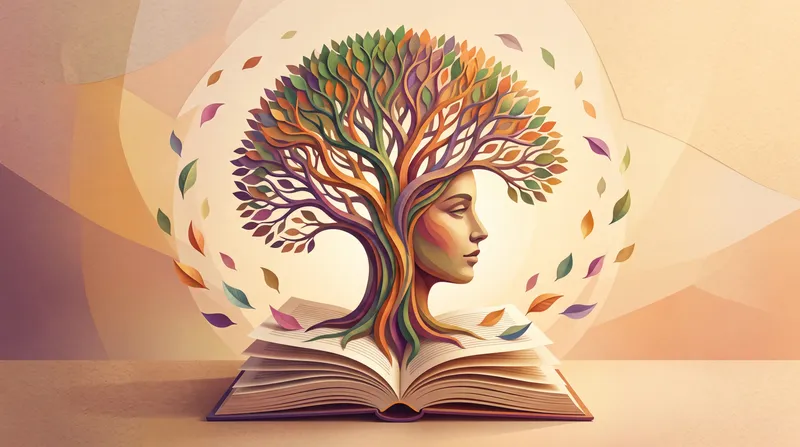 Профиль человека и открытая книга сливаются в форму, напоминающую дерево, символизируя рост, воображение и интеллект в красочной абстрактной сцене