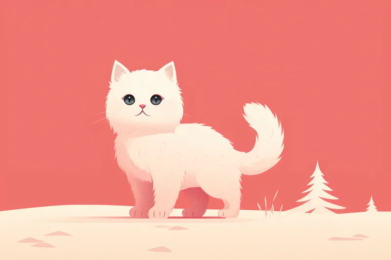 Счастливый котенок: очаровательный белый пушистый котенок с игривыми голубыми глазами, сидящий на красном мультяшном фоне