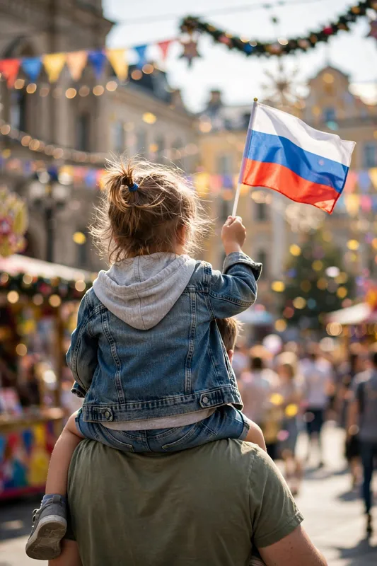 Ребёнок с флагом России на плечах у взрослого на празднике