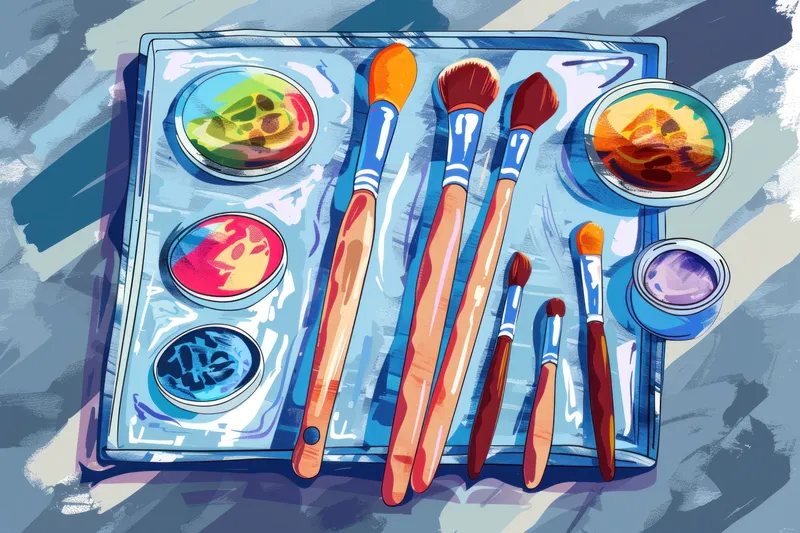 Кисти и краски на синем подносе с кистью сверху для вдохновения и творчества