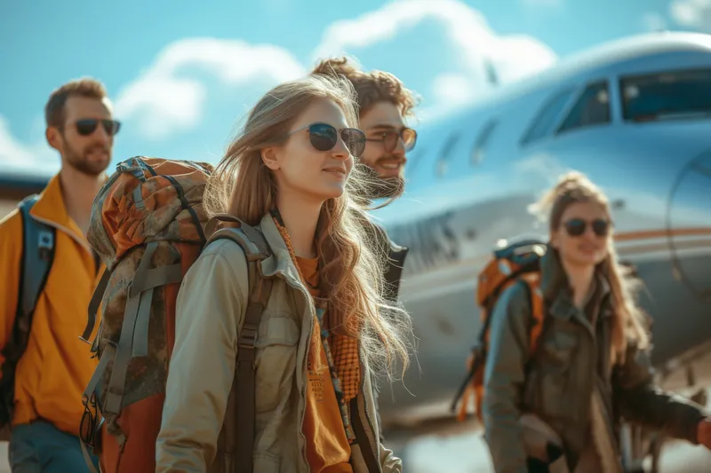 Группа путешественников, идущих к самолету, на борту которого написано «traveling» и «vacation», готовых к приключениям и отдыху