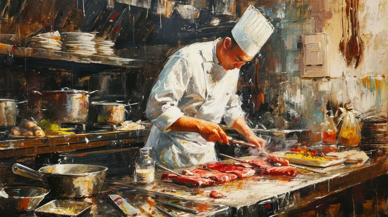 Свежий, вкусный говяжий стейк, приготовленный профессиональным шеф-поваром-мужчиной, в оживленном мясном бизнесе, на фоне шумной японской кухни