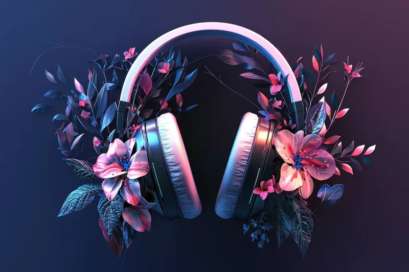 Иллюстрированные наушники, украшенные яркими цветами и пышными листьями, символизирующие гармонию музыки и природы