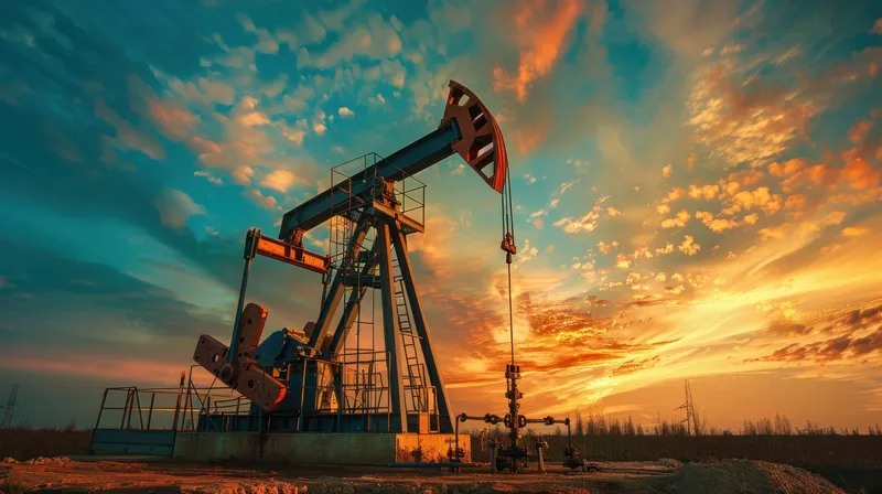 Силуэт нефтяной качалки отчетливо выделяется на фоне красочного заката