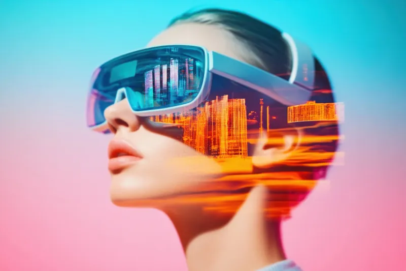 Футуристическая женщина в VR-очках, в которых отражается городской пейзаж, воплощающая инновации и технологии