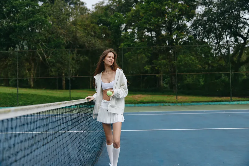 Young woman in sporty outfit smiling on a tennis court, showcasing athletic style, nature background, vibrant green colors, seasonal summer vibes