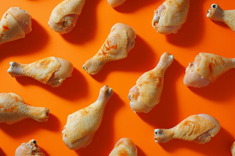 Аппетитные куриные ножки на ярком оранжевом фоне с надписью «Chicken Legs»