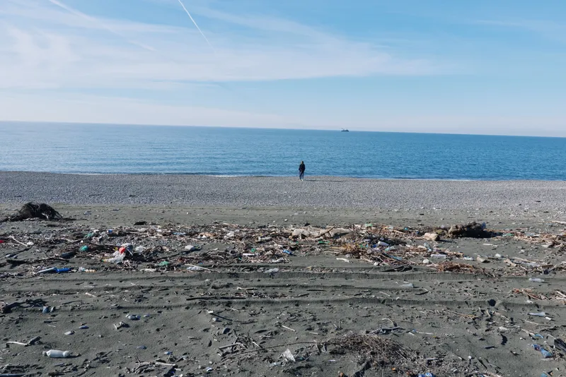 Beach scene with a distant figure walking along the shoreline amid trash and debris, highlighting pollution along the coast and a calm sea under a wide horizon.