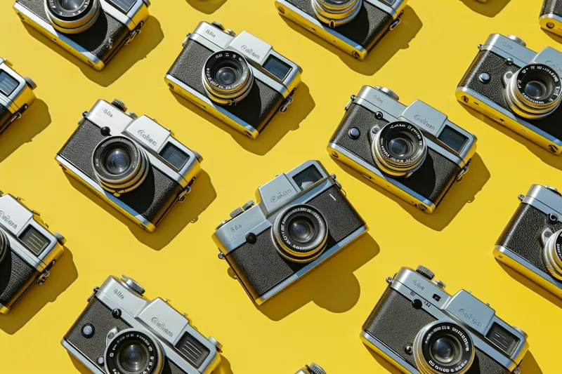 Разнообразная коллекция фотоаппаратов, расположенных на жёлтом фоне, все камеры повёрнуты верхней частью к зрителю