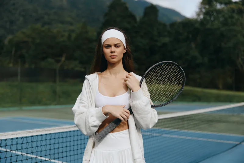 Young female tennis player in athletic wear, exuding determination on a tennis court surrounded by nature, showcasing health and fitness